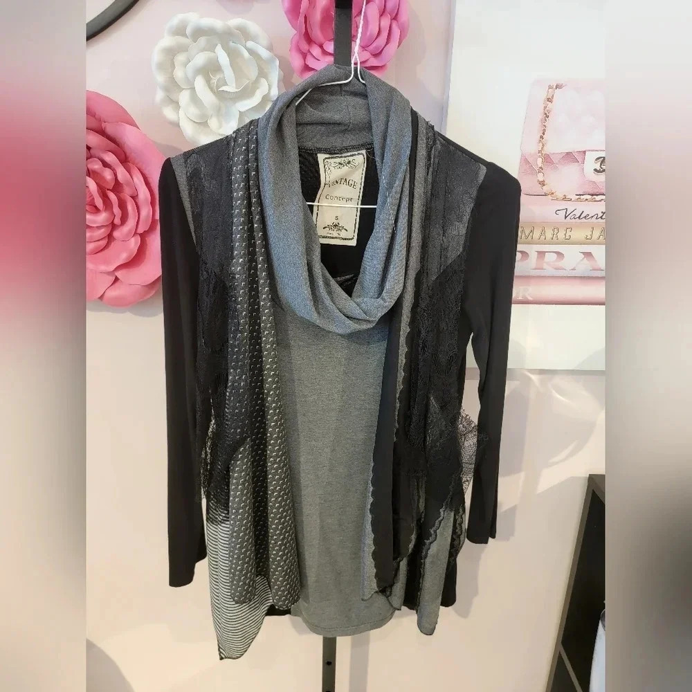 Vintage Concept Mixed Fabric Cowl Neck Top